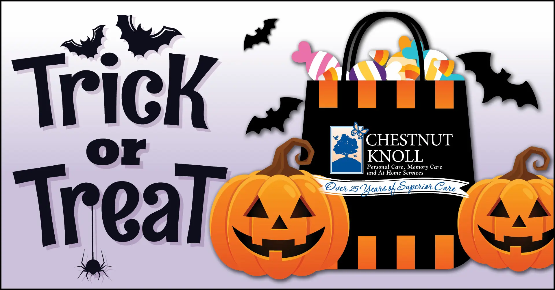 Halloween trick-or-treat graphic with branded candy bag and pumpkins