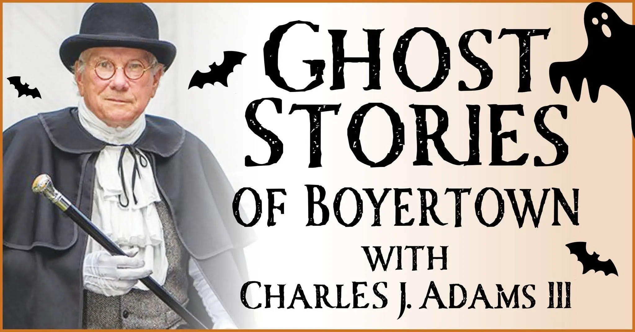 Charles J. Adams III in costume beside Ghost Stories title