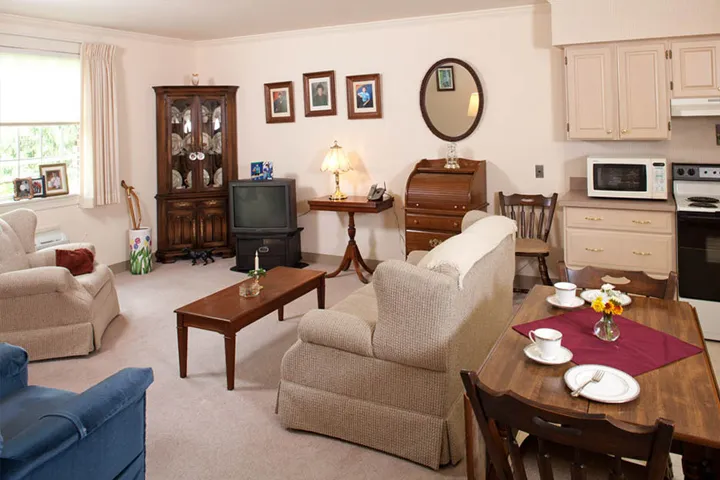 Cozy living room with dining table and kitchenette