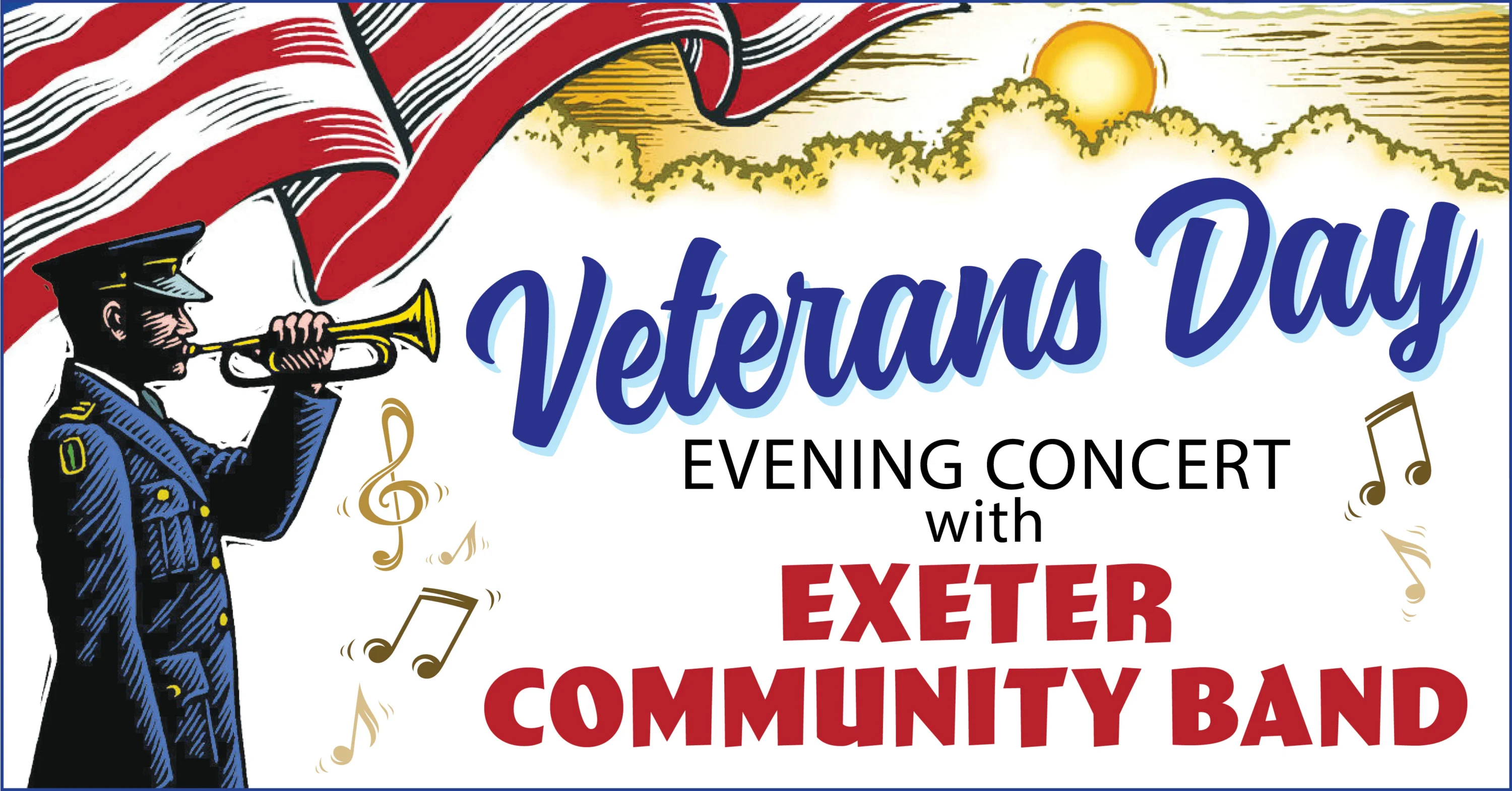 Patriotic Day concert poster featuring trumpet player and American flag